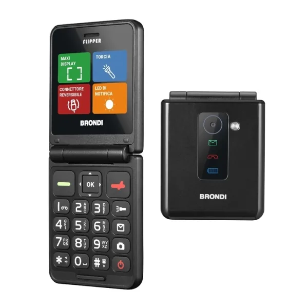 Brondi Flipper Dual SIM 2.4" Clamshell Flip Attivo 3 Pulsanti Accesso Rapido 9 Memorie per Chiamate Rapide USB-C Italia Black