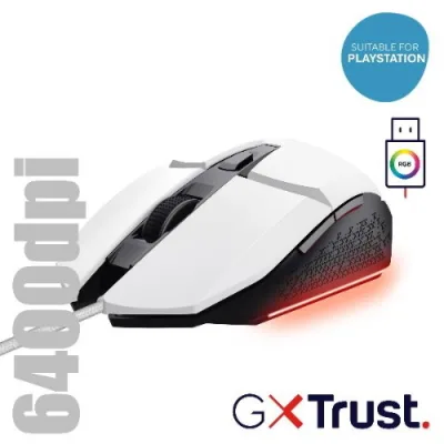 Trust GXT109PS Felox Mouse Gaming per PS5 Illuminato Cablato 6.400 DPI Acellerazione 20G Bianco