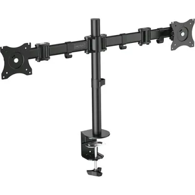 Digitus da-90349 Supporto Universale per Due Monitor con Supporto a Morsetto da Tavolo Girevole 90°, Inclinabile di 30°ORIENTABILE a 360° Portata Massima 2 x 8 kg Vesa 100 x 100 Colore Nero