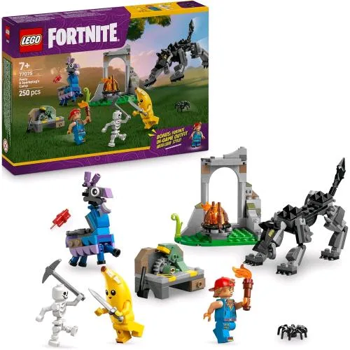 LEGO Fortnite Campo di Bananita e Starter Gioco con Personaggio del Lupo e del Lama Falo' e 3 Minifigure