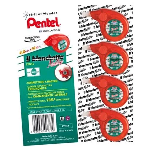 Pentel il Bianchetto Nastro Correttore a Nastro 4.2mm x 10m Colore Fusto Rosso Conf 4 Pz.