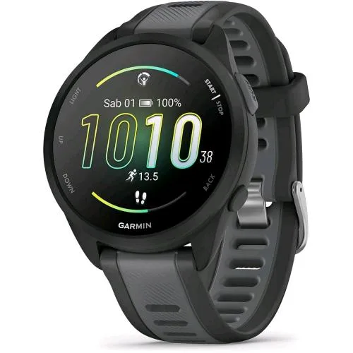 Garmin Forerunner 165 Smartwatch Runner 43mm GPS Cardio VO2MAX Report Mattutino HRV Status Piani Gratuiti 5K 10K e 21K Training Readiness Garminpay Black & Slate Gray
