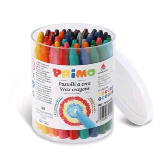 Primo Pastelli a Cera in Barattolo Colori Assortiti Conf 48 Pz.