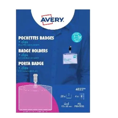 Avery Kit Portabadge 90X60 mm con Clip e 32 Badge Stampabili Trasparente Conf 25 Pz.