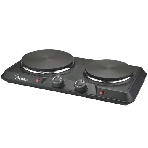 Ardes Focus Duo ARFOEL05 Fornello Elettrico con 2 Piastre in Ghisa da 18 e 15 cm 1500/1000W Termostato Regolabile Nero