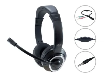 Conceptronic Cuffie con Microfono Jack 3.5 mm con Splitter Audio Incluso 1X F Jack 3.5 mm 2 x M Kack 3.5 mm Nero