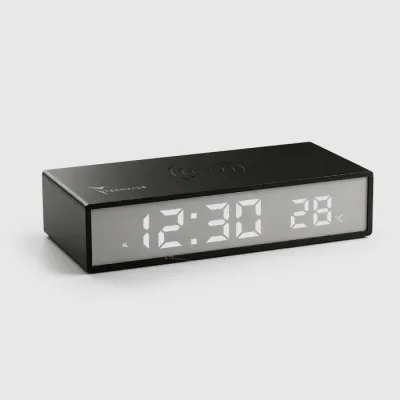 Techmade TM-2201 Clock Sveglia Digitale USB-C con Ricarica Wireless 15 W per Smartphone/Smartwatch Indicatore di Temperatura Nera