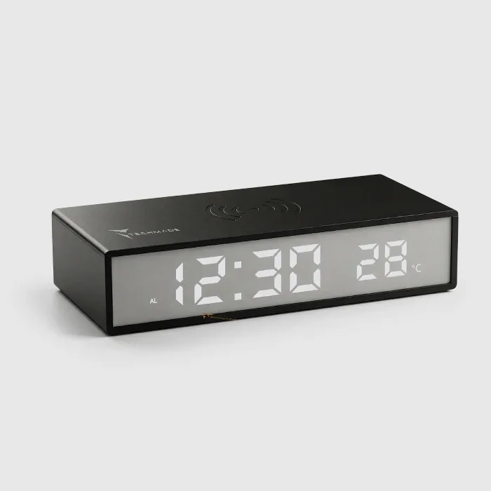 Techmade TM-2201 Clock Sveglia Digitale USB-C con Ricarica Wireless 15 W per Smartphone/Smartwatch Indicatore di Temperatura Nera