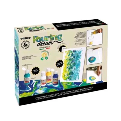 Primo Pouring Dream Set 4 Colori Acrilici Pronti All'uso 2 Tele di Cotone con Telaio Penello e Altro Colori Assortiti