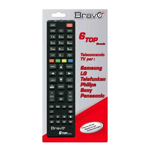Bravo 6 Top Brands Telecomando Universale per TV Samsung -LG -Sony-Panasonic-Telefunken-Philips Non Necessita di Programmazione Nero