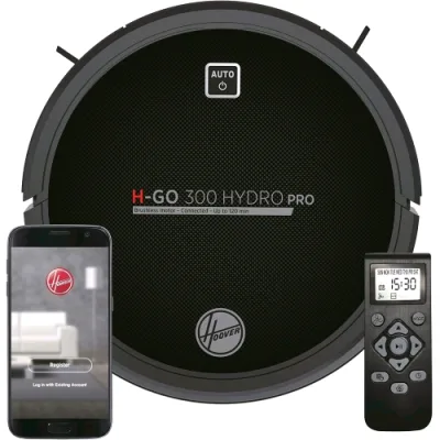 Hoover H-Go 300 Hydro Pro Robot Aspirapolvere Lavapavimenti Wi-Fi 2 Serbatoio Telecomando e Base di Ricarica Compatibile Alexa 120 Sensore Anticaduta Nero