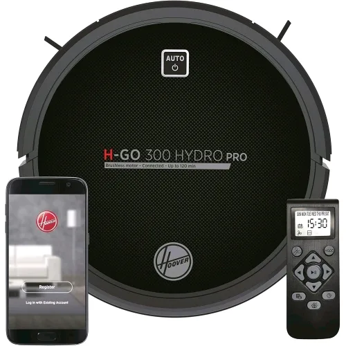 Hoover H-Go 300 Hydro Pro Robot Aspirapolvere Lavapavimenti Wi-Fi 2 Serbatoio Telecomando e Base di Ricarica Compatibile Alexa 120 Sensore Anticaduta Nero