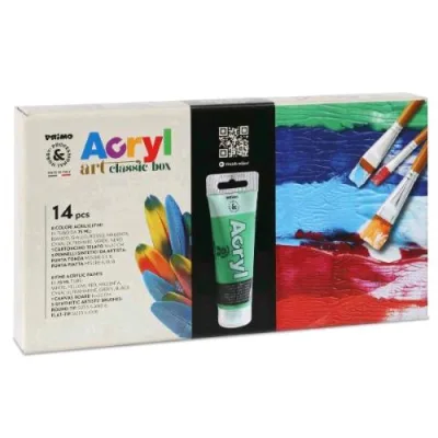 Primo Starter Set Acryl con 8 Flaconi da 75 ml 1 Cartoncino Telato e 5 Pennelli Sintetici Colori Assortiti