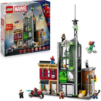 LEGO Marvel Spider Man Contro Oscorp Set di Giochi Scena Urbana con Moto e 8 Minifigure