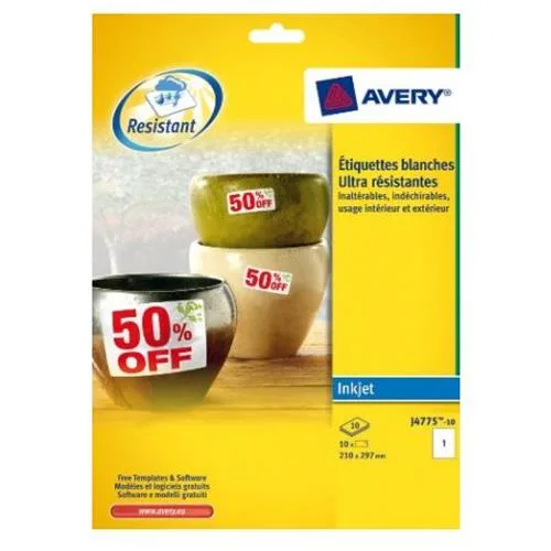 Avery-Zweckform J4775-10 Etichette Autoadesive in Poliestere per Stampanti Inkjet 210X297 mm 10 Fogli x 1 Etichetta/Foglio Bianco