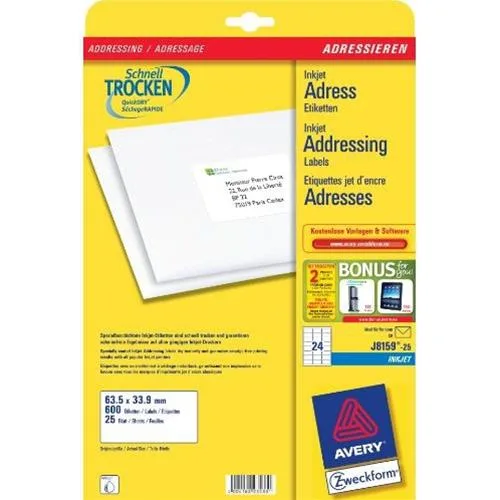 Avery-Zweckform J8159-25 con 600 Etichette 33.9X96.5 mm Adesive Colore Bianco Opaco