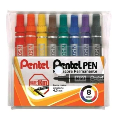 Pentel N50 Marcatore Permanente Punta Conica 4.30 mm Col. Assortiti Conf 8 Pz.