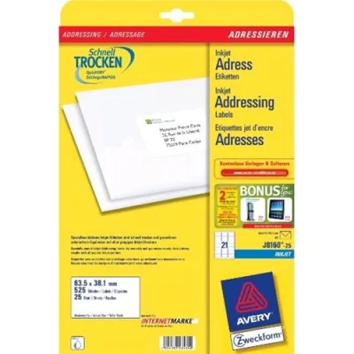 Avery-Zweckform J8160-25 Confezione 525 Etichette Adesive 38.1X63.5 mm Colore Bianco Finitura Opaca