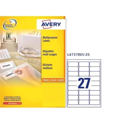 Avery-Zweckform L4737REV-25 Conf 675 Etichette 29.6X63.5 mm Adesive Removibili Colore Bianco Opaco
