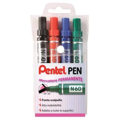 Pentel N60 Marcatore Permanente Punta a Scalpello 3.90/5.50 mm Col. Assortiti Conf 4 Pz.
