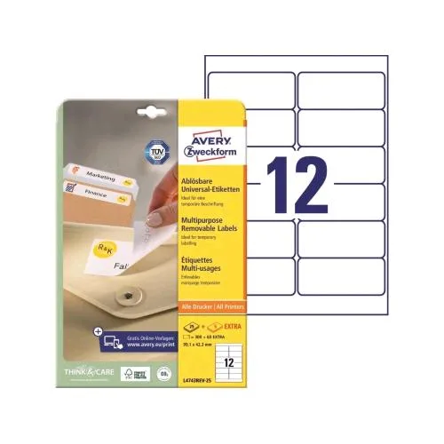 Avery-Zweckform L4743REV-25 Conf 300 Etichette 42.3X99.1 mm Adesive Colore Bianco Opaco