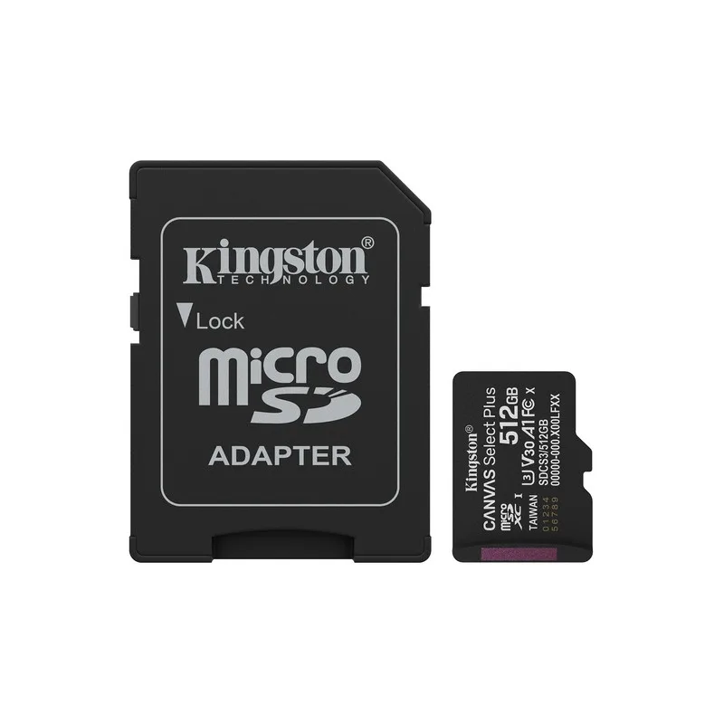 Kingston CANVAS SELECT PLUS 512GB microSDXC A1 / Video Class V30 / UHS Class 3 / Class10 UHS-I ADATTATORE A SD INCLUSO