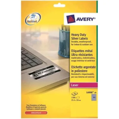 Avery-Zweckform L6008-20 Etichette in Poliestere Silver per Stampanti Laser Stampa B/N 25.4X10 mm 3780 Etichette Confezione 20 Fogli 189 Etichette/Foglio