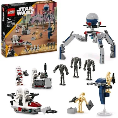 LEGO Star Wars Battle Pack Clone Trooper e Battle Droid Set da Battaglia con Veicolo Giocattolo Speeder Bike Tri-Droide Postazione Difensiva 4 Minifigure e 5 Personaggi