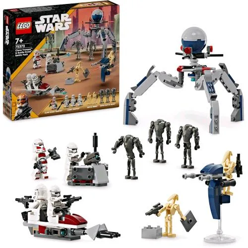 LEGO Star Wars Battle Pack Clone Trooper e Battle Droid Set da Battaglia con Veicolo Giocattolo Speeder Bike Tri-Droide Postazione Difensiva 4 Minifigure e 5 Personaggi