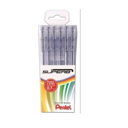 Pentel Superb Penna a Sfera Nero Punta Conica 0.70mm Conf 6 Pz.