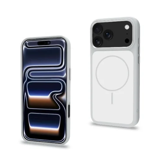 Celly Apple iPHONE 18 Pro / iPHONE 17 Pro Cover Magsafe con Retro in Vetro Temperato con Bordi Morbidi Liquid Silicone Cornice in Metallo per le Fotocamere Silver
