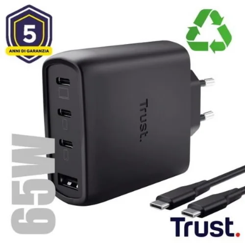 Trust Maxo Caricabatterie da Rete Gan 65W 4 Porte 3 USB-C, 1 USB-A con Cavo USB-C Maschio Maschio 2 m Incluso Nero