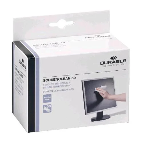 Durable Screen Clean 50 Salviette Monouso Umidificate per la Pulizia di Superfici Sintetiche o in Plastica Antistatiche e Prive di Alcool Tascabili 50 Pezzi