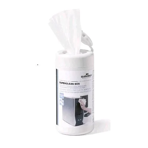 Durable Superclean Box 100 Salviettine Umidificate per la Pulizia di Superfici Sintetiche e in Plastica Antistatiche e Prive di Alcool Biodegradabili