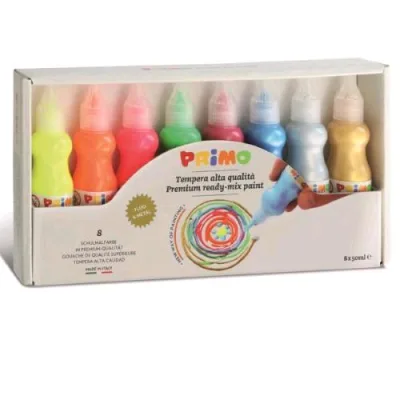 Primo Tempera in Bottiglia da 50 ml Colori Fluo Metal Assortiti Conf 8 Pz.