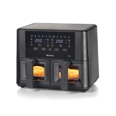 Ariete 4631 Air Fryer Dual Friggitrice Ad Aria Doppio Cestello 9 l Touch Control Cestello in Vetro Trasparente Timer 60 Min 2400 W 11 Programmi fino a 200 Gradi Nero