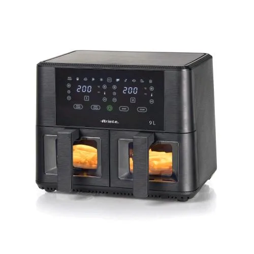 Ariete 4631 Air Fryer Dual Friggitrice Ad Aria Doppio Cestello 9 l Touch Control Cestello in Vetro Trasparente Timer 60 Min 2400 W 11 Programmi fino a 200 Gradi Nero