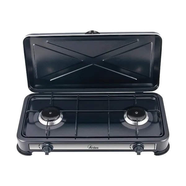Ardes AR1FG02 Odino 2 Fornello a Gas GPL da Appoggio 2 Fuochi Struttura in Acciaio Piedini in Plastica Fiamma Regolabile con Coperchio Nero