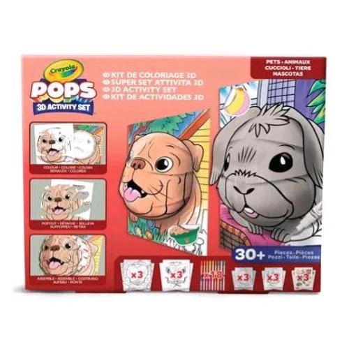 Crayola Pops Pets Super Set 3D Attività per Colorare e Creare Disegni con Cartoncini Pennarelli Fogli Adesivi Colori Assortiti