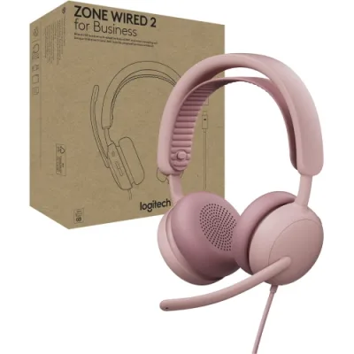 Logitech Zone Wired 2 For Business Cuffie con Microfono Over Ear Cablato Cancellazione del Rumore ANC Adattiva Certificazione Microsoft Teams Rosa