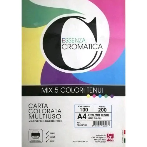 CWR Carta Cromatica Multiuso A4 200g Colori Tenui Assortiti Conf 100 Pz.