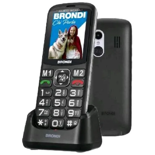Brondi Amico di Casa+ Dual SIM Senior Phone Tasti Grandi Retroilluminati Annuncio Vocale Tasti Digitati Vedi e Chiama Tasto Sos Basetta di Ricarica Nero