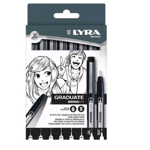 LYRA Manga Penne Graduate Punte Assortite Inchiostro Nero Conf 8 Pz.