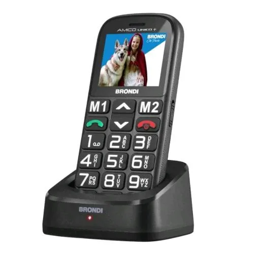 Brondi Amico Unico+ Dual SIM 2" Senior Phone Tasto Sos Memorie Rapide Annuncio Vocale dei Numeri Basetta di Ricarica Nero