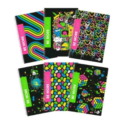Be More Maxi Spiralato Fluo Quaderno 80g 210X297 mm A4 60 Fogli a Righe 1R Fantasie Assortite Conf 5 Pz.