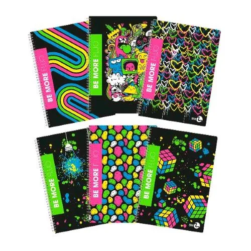Be More Maxi Spiralato Fluo Quaderno 80g 210X297 mm A4 60 Fogli a Righe 1R Fantasie Assortite Conf 5 Pz.