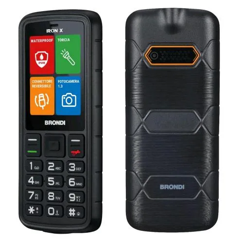 Brondi Iron x Dual SIM 2.4" Telefono Cellulare Rugged Resistente Ad Acqua e Urti IP69K Torcia LED Fotocamera Nero