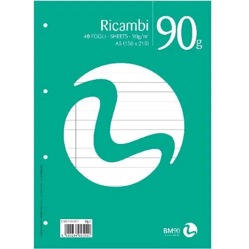 Be More Ricambi Non Rinforzati 90 g 150X210 mm A5 40 Fogli a Righe 0C Bianco