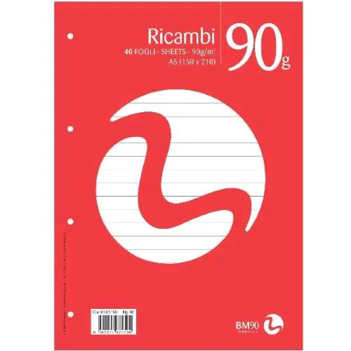 Be More Ricambi Non Rinforzati 90 g 150X210 mm A5 40 Fogli a Righe 1R Bianco