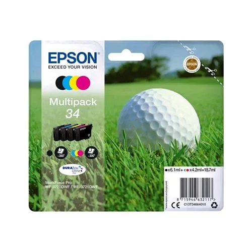 Epson T34664020 Multipack 34 Nero Giallo Ciano Magenta per Workforce Pro WF-3720DWF, WF-3725DWF